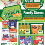 Your Woermann Family Stores Green Tag Competition flyer showing N$70 000 weekly voucher prizes, combo grocery deal and promotional items