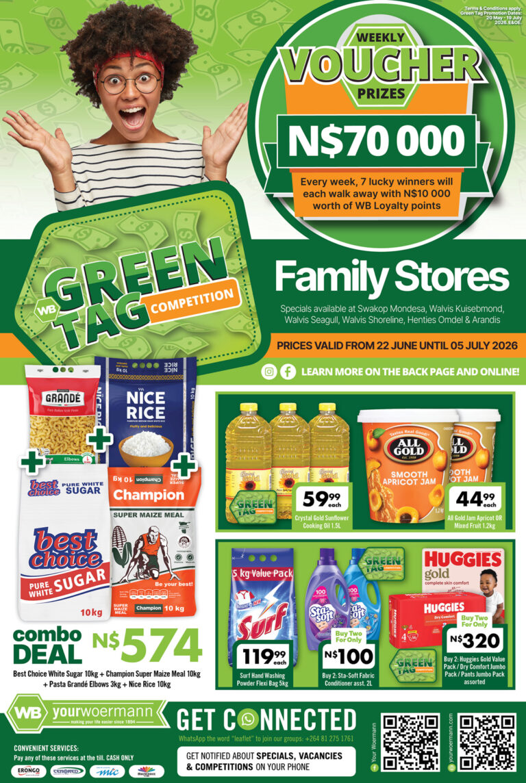Your Woermann Family Stores Green Tag Competition flyer showing N$70 000 weekly voucher prizes, combo grocery deal and promotional items