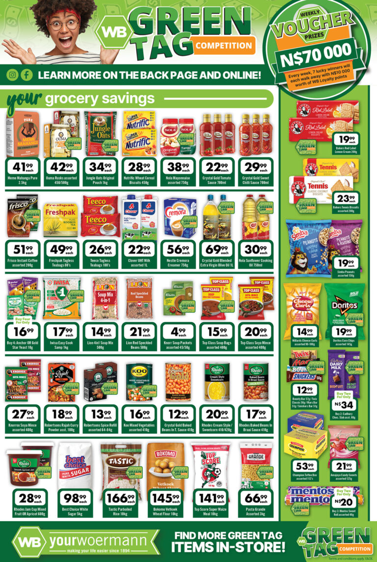 Your Woermann grocery specials flyer with discounted pantry items, canned goods, snacks and household staples