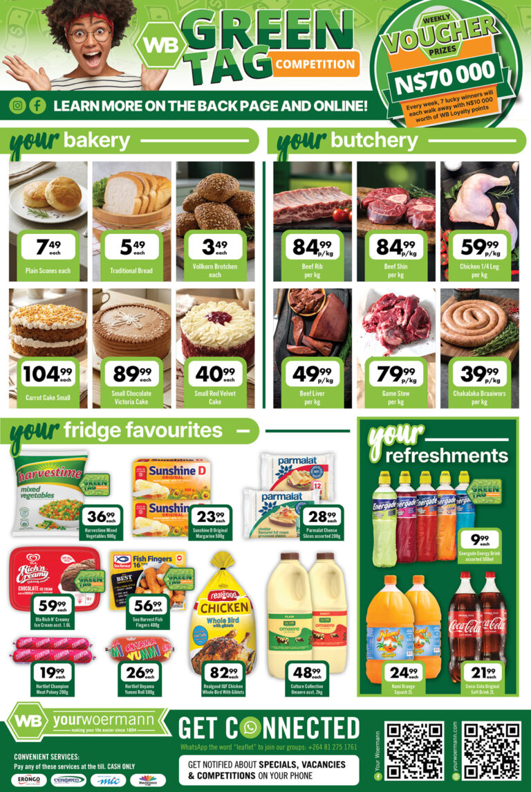 Your Woermann bakery, butchery and fridge specials featuring bread, cakes, meats, dairy and soft drinks