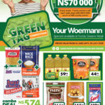 Your Woermann Rundu Oceano Green Tag competition leaflet cover featuring N$70 000 weekly voucher prizes, combo grocery deal specials including sugar, maize meal, rice, pasta, cooking oil and jam.