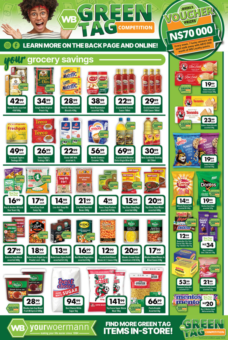 Your Woermann Rundu Oceano grocery specials featuring oats, tea, sauces, tinned foods, snacks, cereals, sugar, maize meal, pasta and pantry essentials at discounted prices.