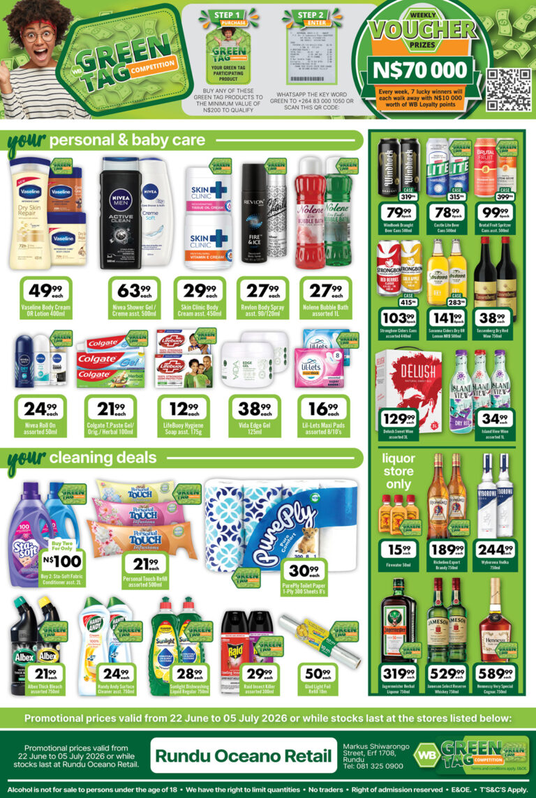 Your Woermann Rundu Oceano personal care, cleaning and liquor specials including body lotions, toiletries, detergents, paper products, beers, ciders, wines and spirits.
