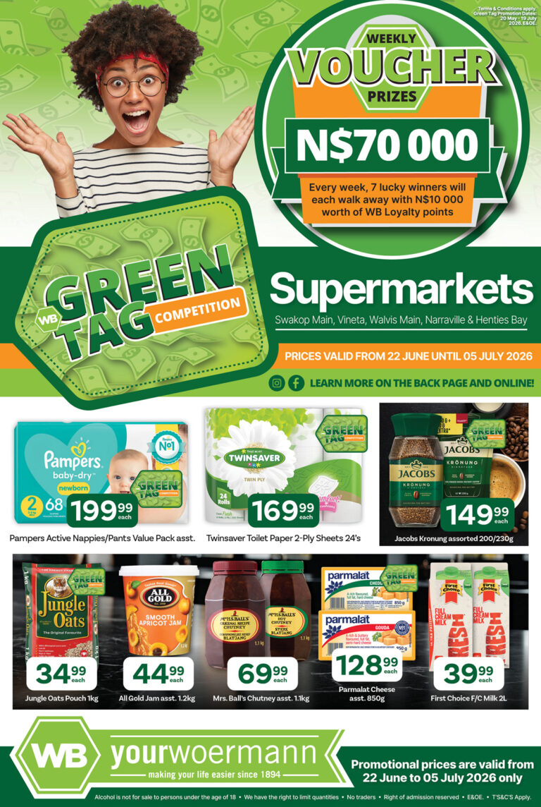 Your Woermann Green Tag competition flyer cover with N$70 000 weekly voucher prizes and supermarket specials