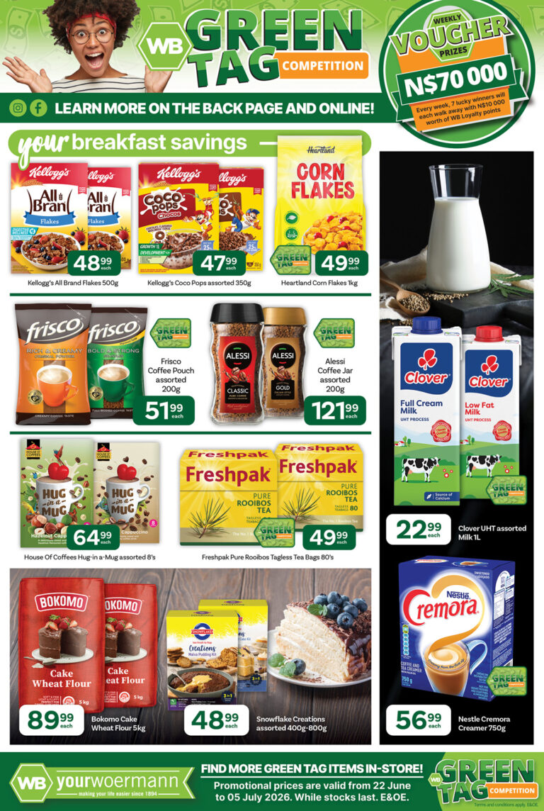 Your Woermann breakfast specials including cereals, coffee, milk and tea