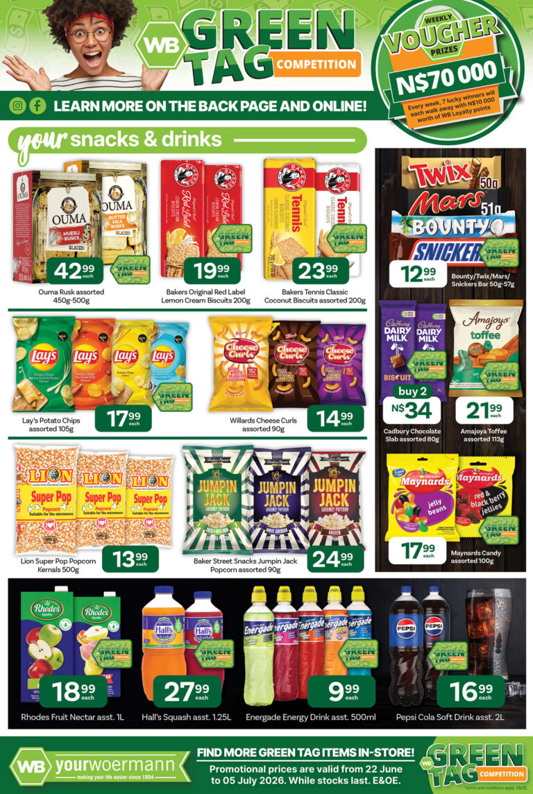 Your Woermann snacks and drinks specials including chips, biscuits, chocolates and soft drinks